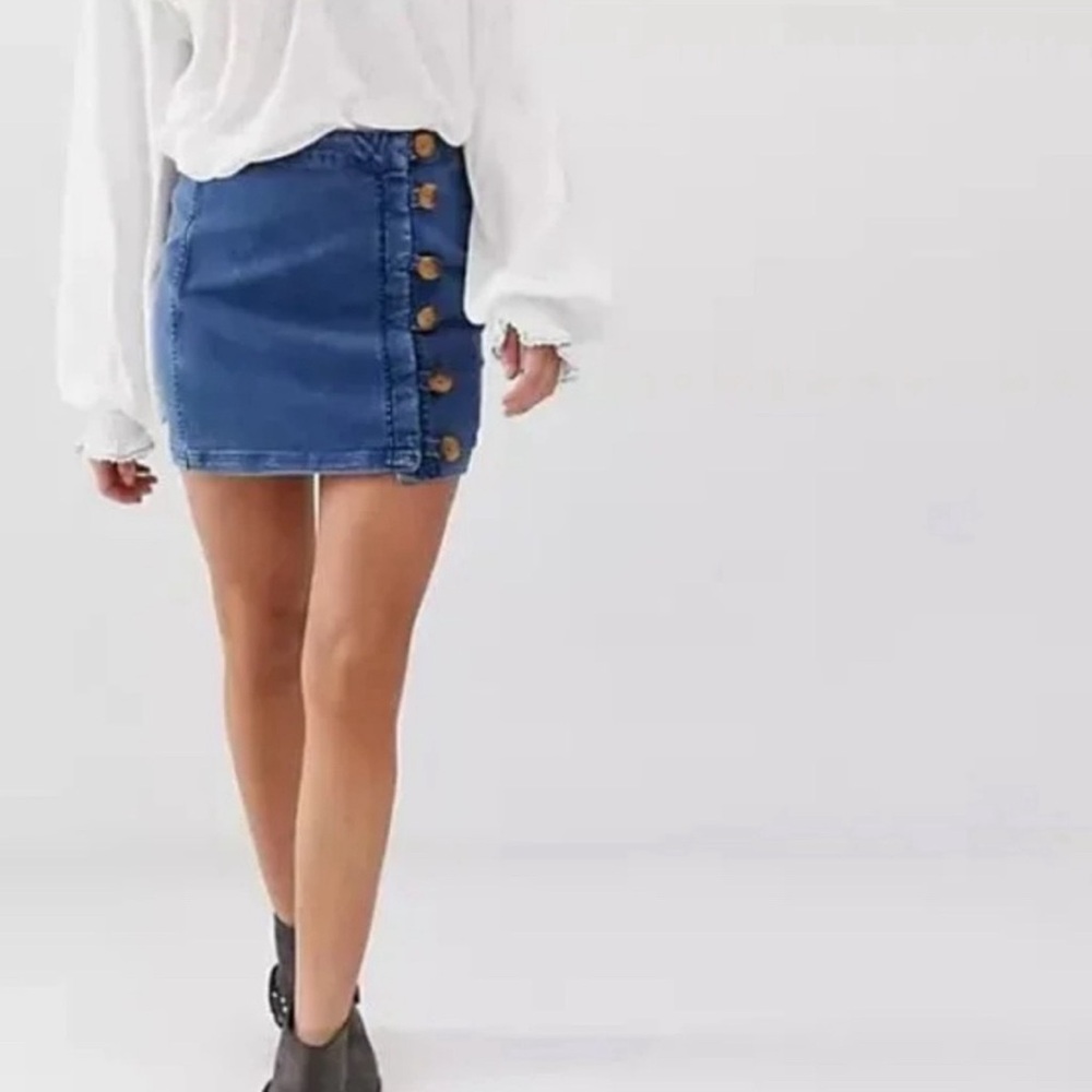 Free People Little Daises Denim Chunky Button Front Mini Skirt